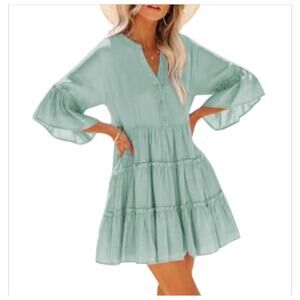 KAOLFY Teal Green Babydoll Tiered Beach Dress Bell Sleeve Pockets Women Large